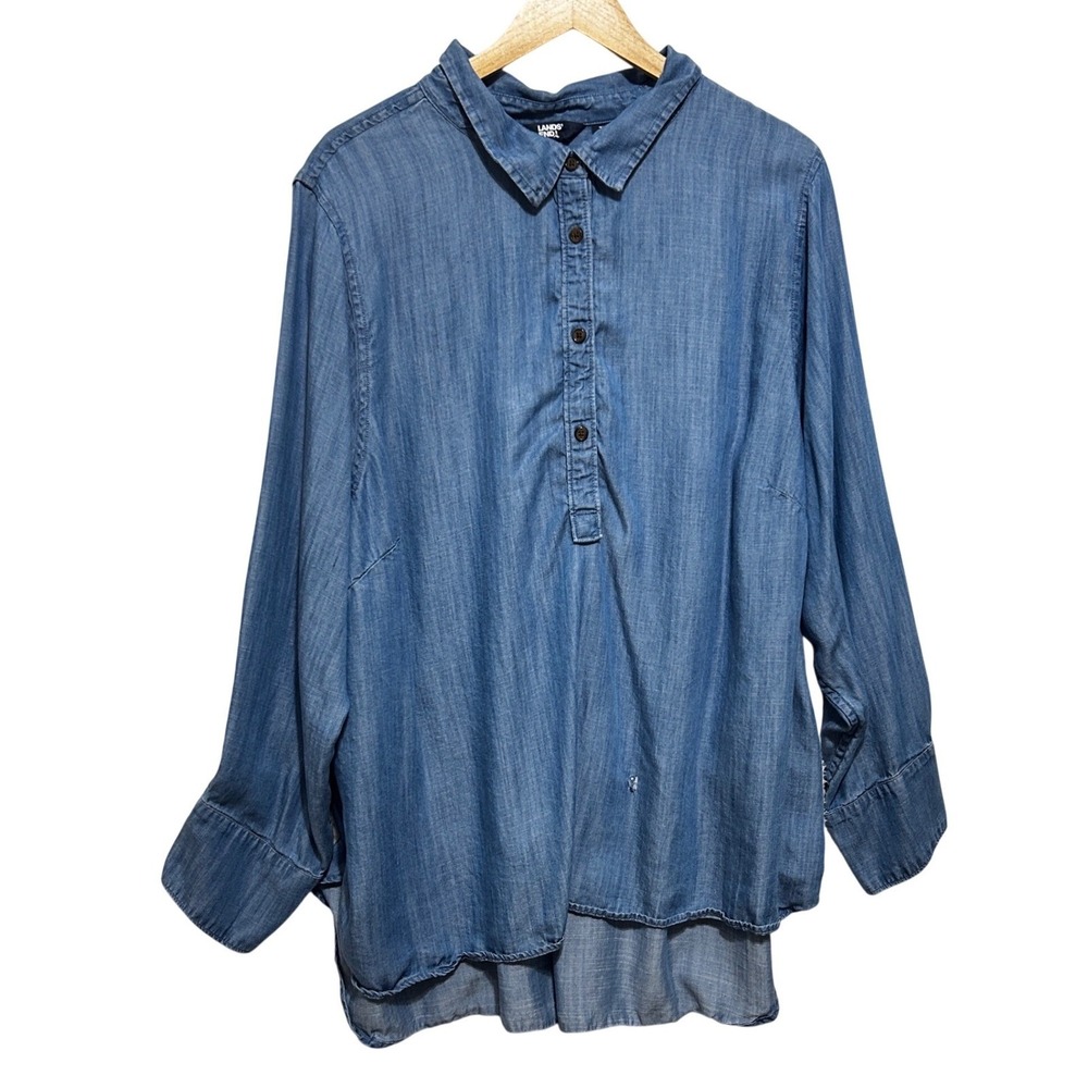 Lands End Women Coastal Casual Chambray Tunic 3X Blue Lyocell‎ High Low Popover